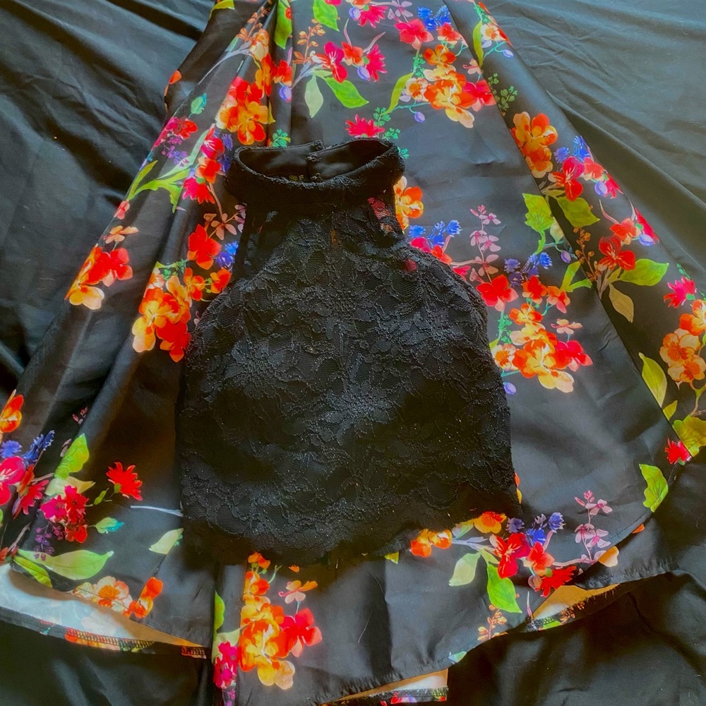 ONEOFAKIND two piece wildflower skirt with black glitter halter top prom dress